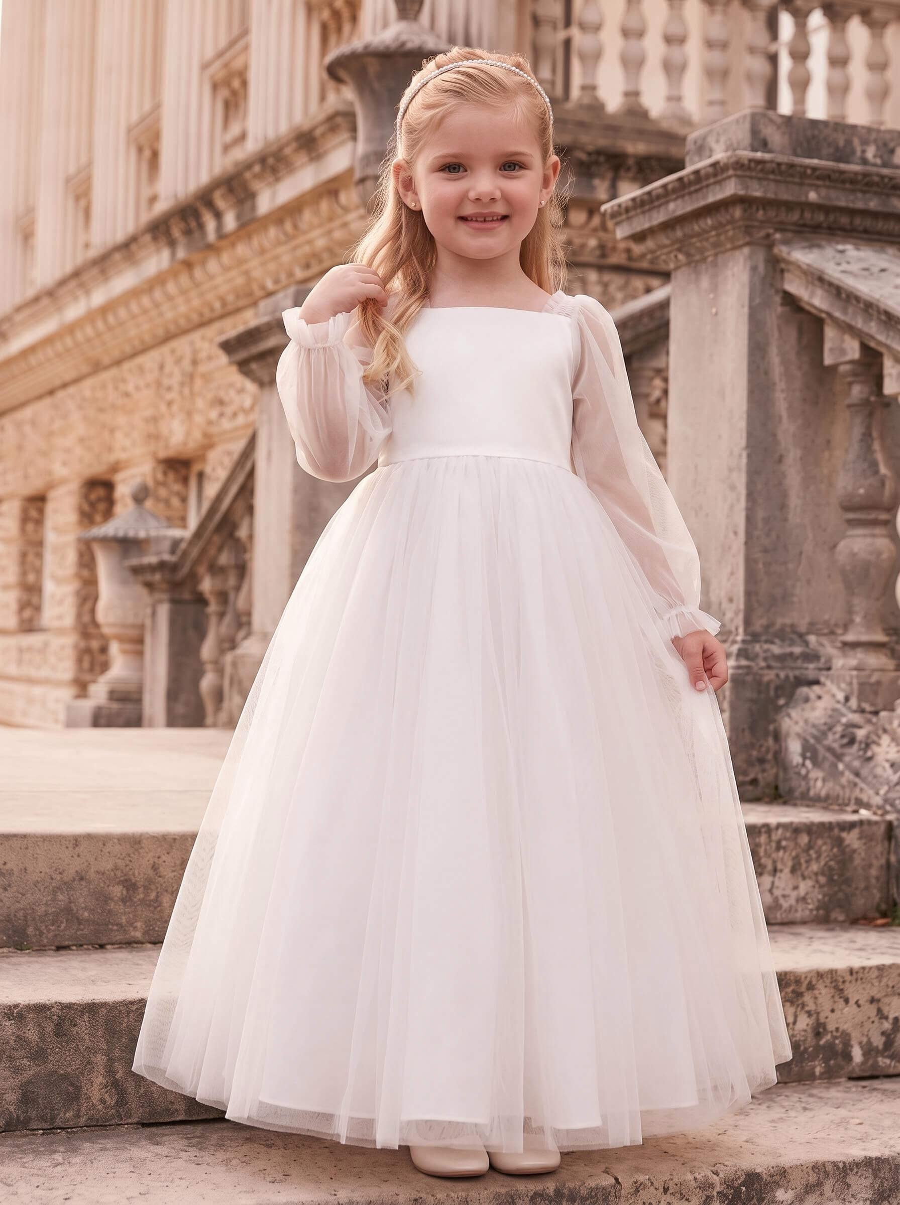 Ball-Gown Square Neckline Long Sleeves Floor-Length Satin/Tulle Flower Girl Dresses With Pockets