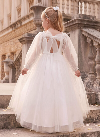 Ball-Gown Square Neckline Long Sleeves Floor-Length Satin/Tulle Flower Girl Dresses With Pockets