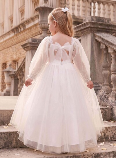 Ballgown Square Neck Long Sleeve Floor-Length Satin/Tulle Flower Girl Dresses With Pockets