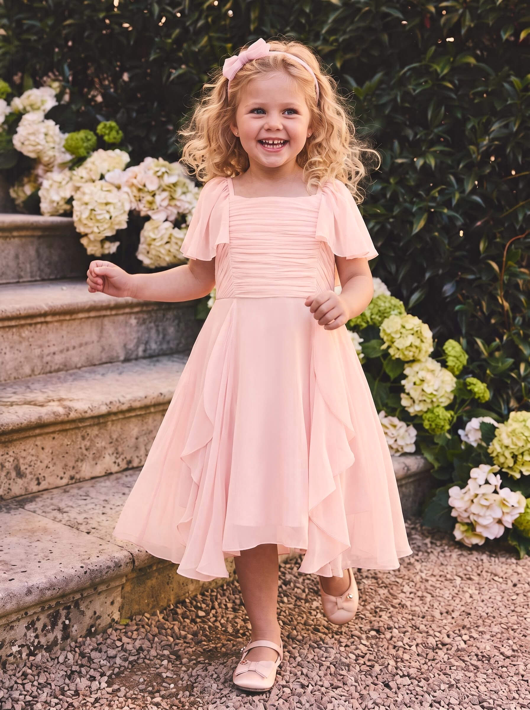 Ball-Gown Square Neckline Short Sleeves Tea-Length Chiffon Flower Girl Dresses With Ruffle