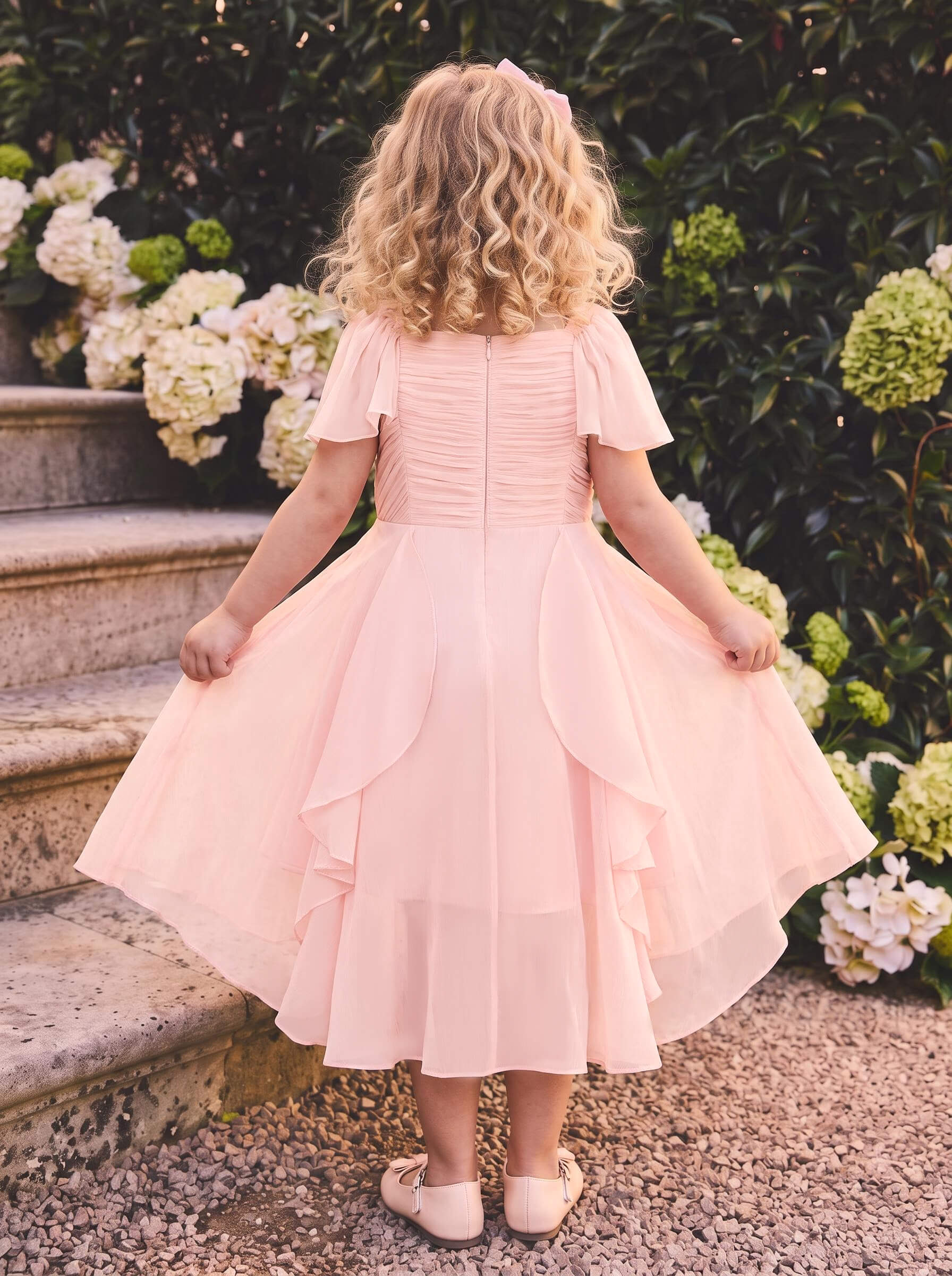 Ball-Gown Square Neckline Short Sleeves Tea-Length Chiffon Flower Girl Dresses With Ruffle