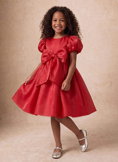 Ball-Gown Scoop Neck Short Sleeves Knee-Length Flower Girl Dresses With Bow