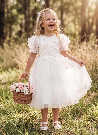 Ball-Gown Scoop Neck Short Sleeves Tea-Length Satin/Tulle Flower Girl Dresses With Back Hole/Flower