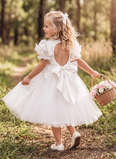 Ball-Gown Scoop Neck Short Sleeves Tea-Length Satin/Tulle Flower Girl Dresses With Back Hole/Flower