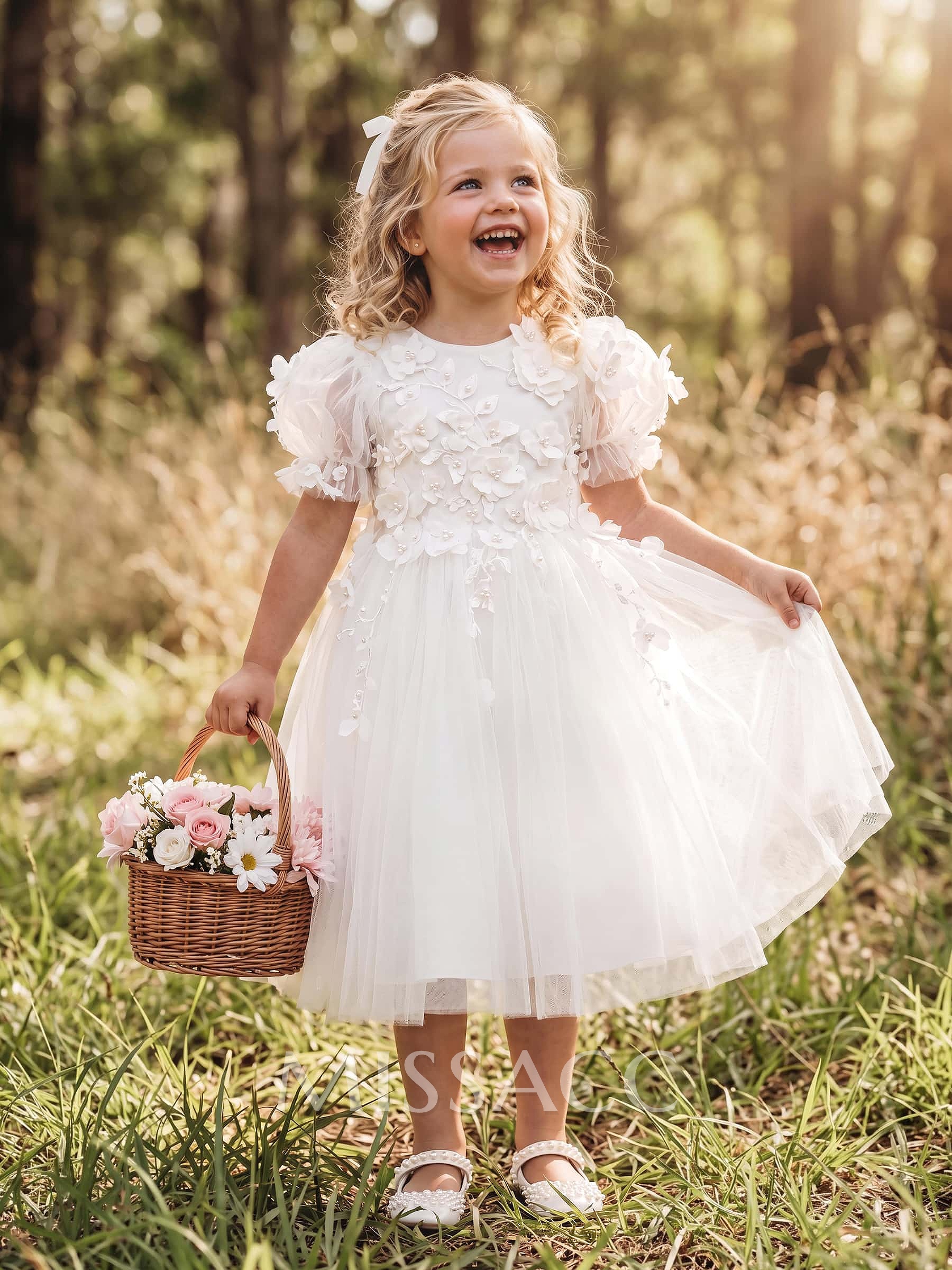 Ball-Gown Scoop Neck Short Sleeves Tea-Length Satin/Tulle Flower Girl Dresses With Back Hole/Flower