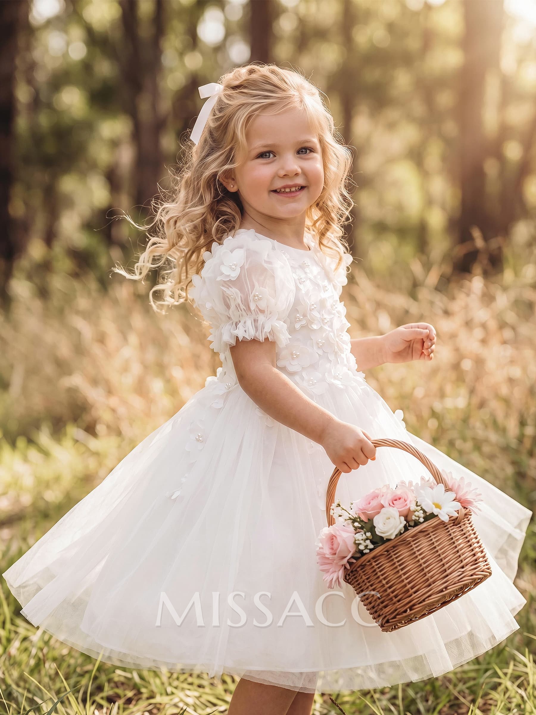 Ball-Gown Scoop Neck Short Sleeves Tea-Length Satin/Tulle Flower Girl Dresses With Back Hole/Flower