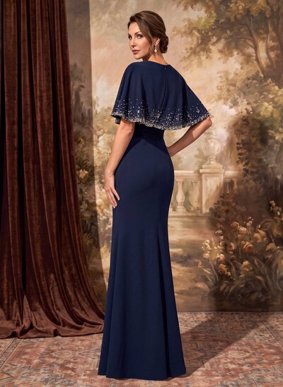 Trumpet/Mermaid Scoop Neck Cape Sleeves Floor-Length Elastic Satin Mother Of The Bride Dresses With Beading