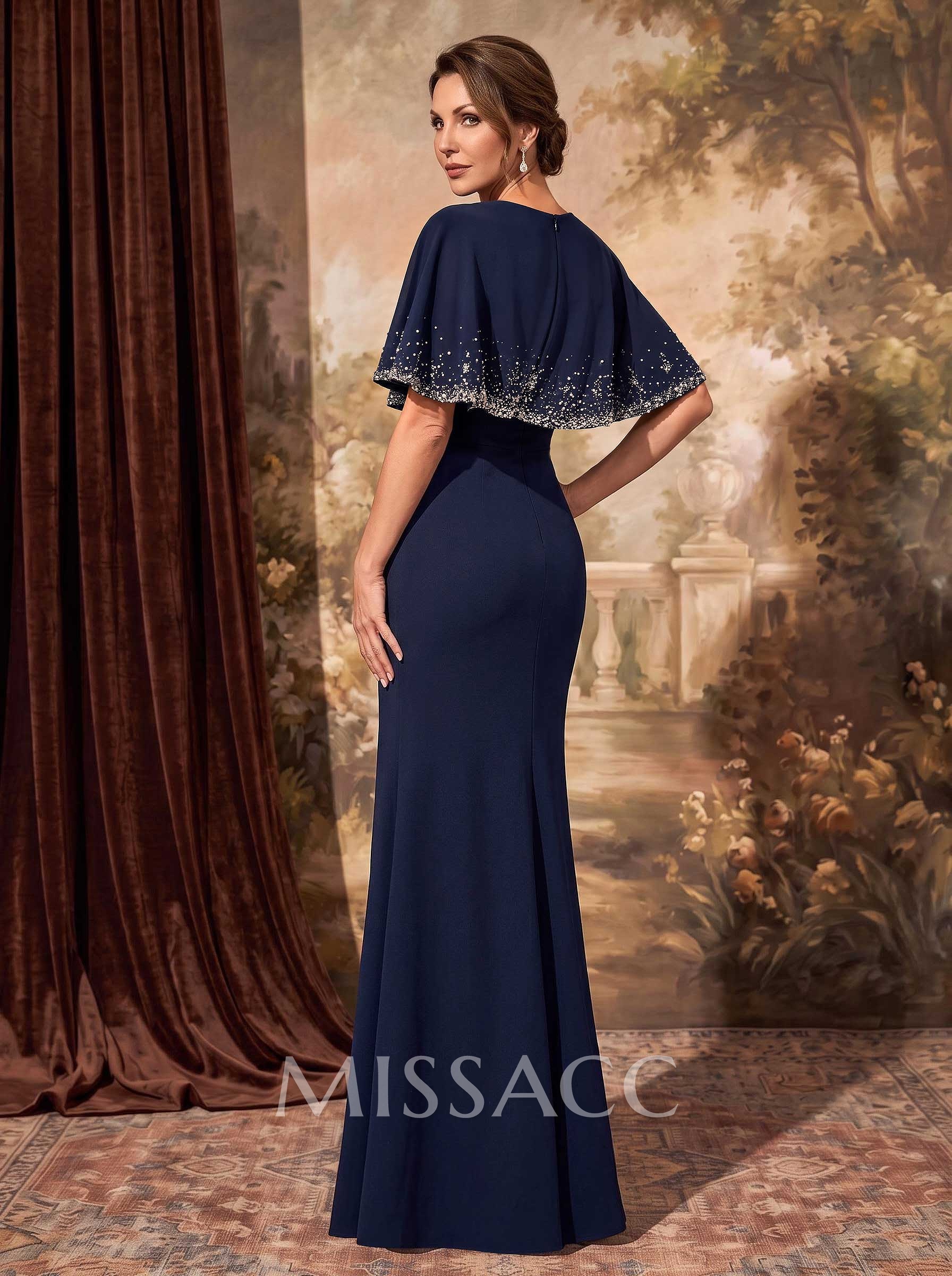 Trumpet/Mermaid Scoop Neck Cape Sleeves Floor-Length Elastic Satin Mother Of The Bride Dresses With Beading
