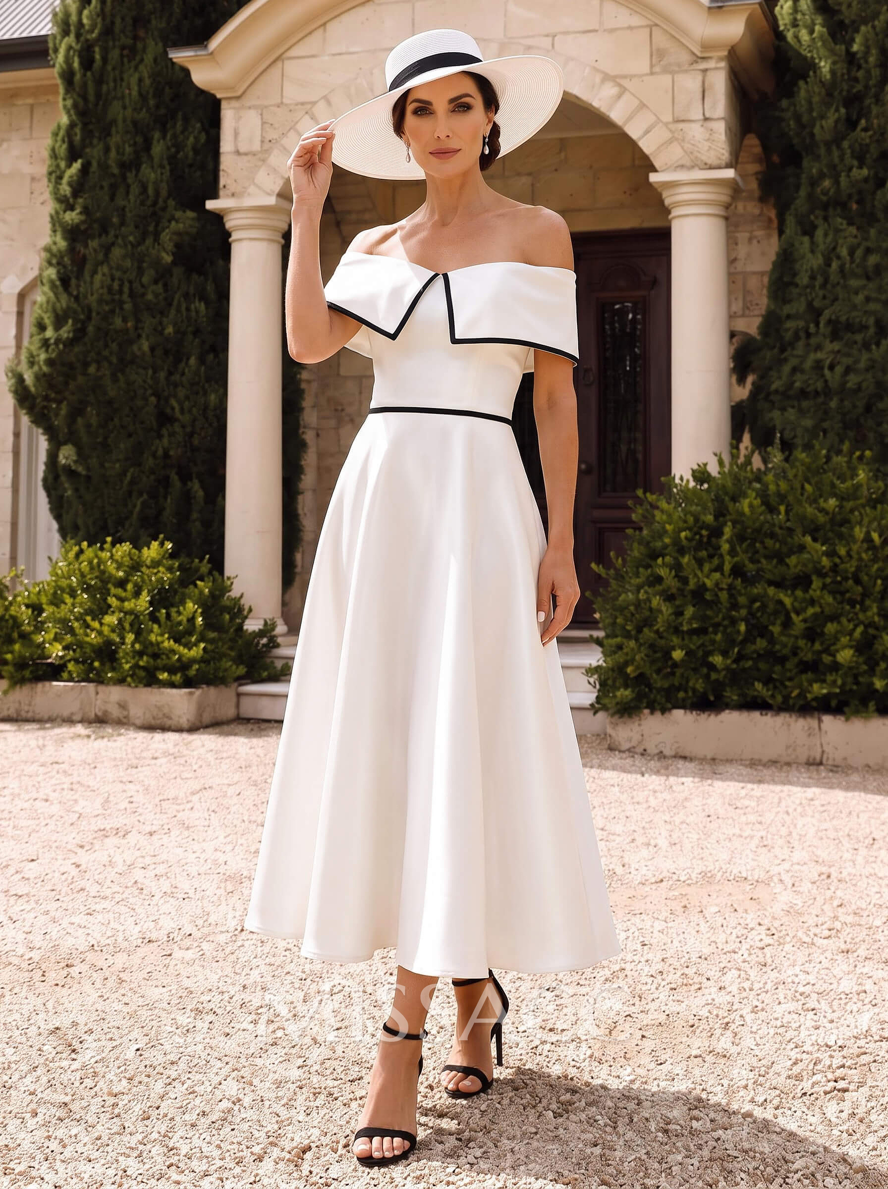 A-Line Off-The-Shoulder Sleeveless Tea-Length Satin/Tulle Mother Of The Bride Dresses With