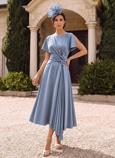 A-Line Scoop Neck Cape Sleeves Asymmetric Stretch Satin Mother Of The Bride Dresses With Pleated/Flower