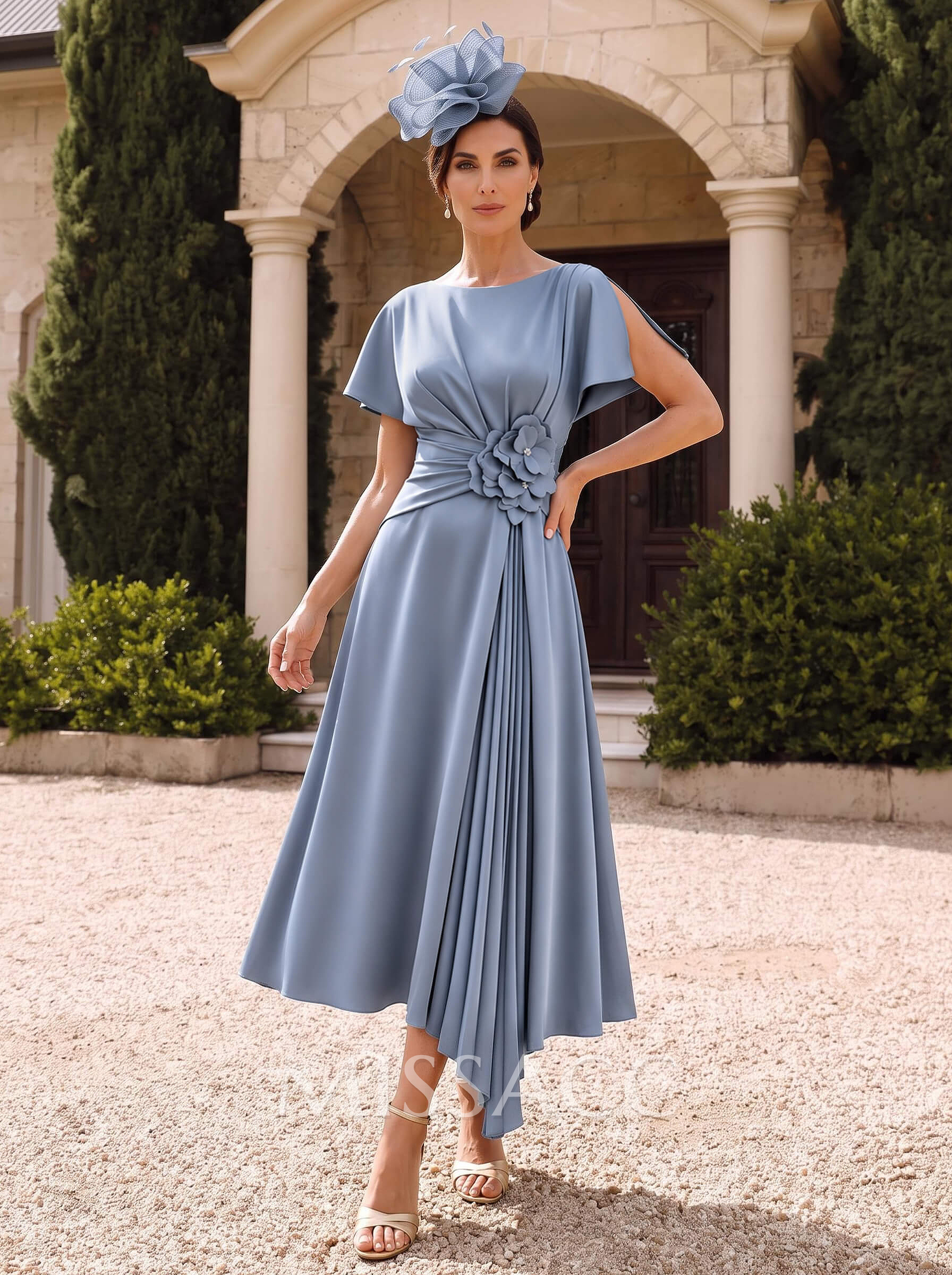 A-Line Scoop Neck Cape Sleeves Asymmetric Stretch Satin Mother Of The Bride Dresses With Pleated/Flower