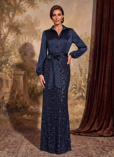 Fitted Column V-Neck Long Sleeve Floor-Length Charmeuse Mother Of The Bride Dress With Bow And Beading
