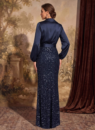 Fitted Column V-Neck Long Sleeve Floor-Length Charmeuse Mother Of The Bride Dress With Bow And Beading