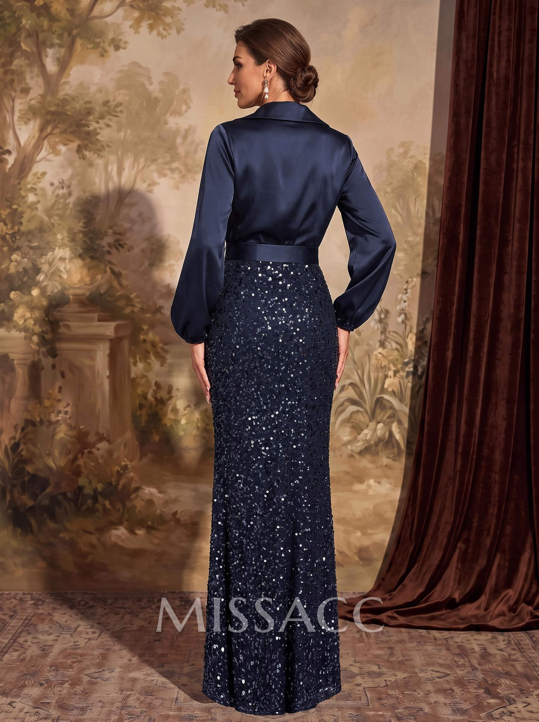 Fitted Column V-Neck Long Sleeve Floor-Length Charmeuse Mother Of The Bride Dress With Bow And Beading
