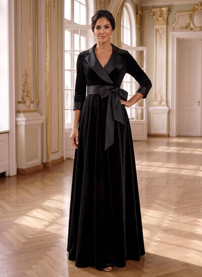 A-Line V-Neck 3/4 Sleeves Floor-Length Velvet Mother Of The Bride Dresses With Bow