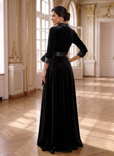 A-Line V-Neck 3/4 Sleeves Floor-Length Velvet Mother Of The Bride Dresses With Bow