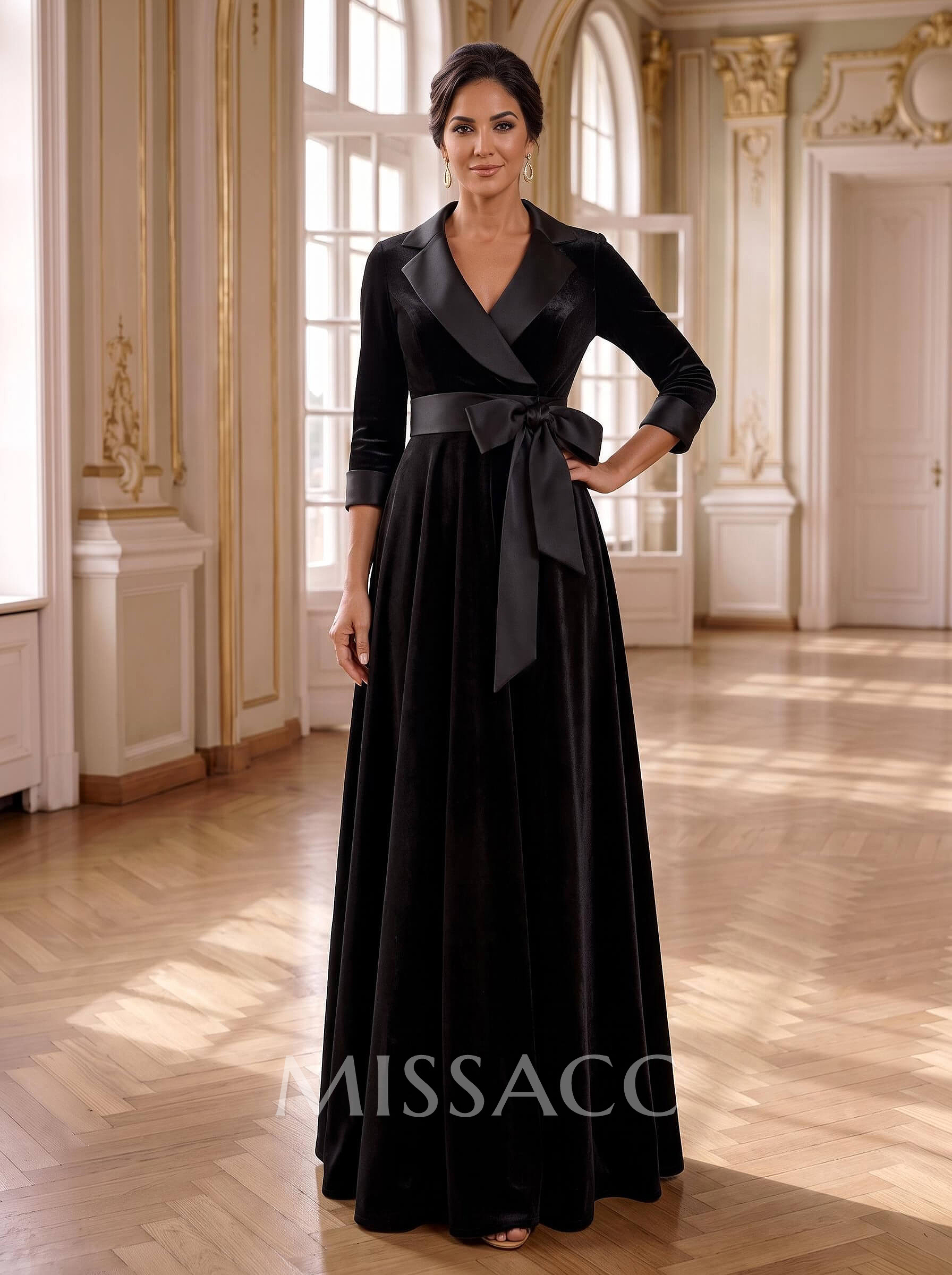 A-Line V-Neck 3/4 Sleeves Floor-Length Velvet Mother Of The Bride Dresses With Bow