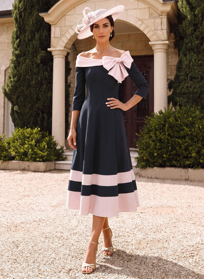 A-Line Bardot 3/4 Sleeve Midi Stretch Satin Mother Of The Bride Dress With Bow