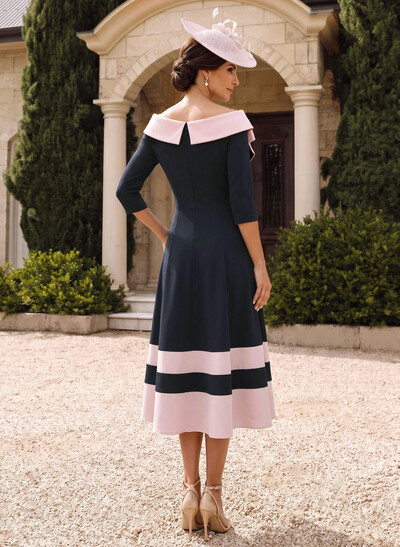 A-Line Bardot 3/4 Sleeve Midi Stretch Satin Mother Of The Bride Dress With Bow