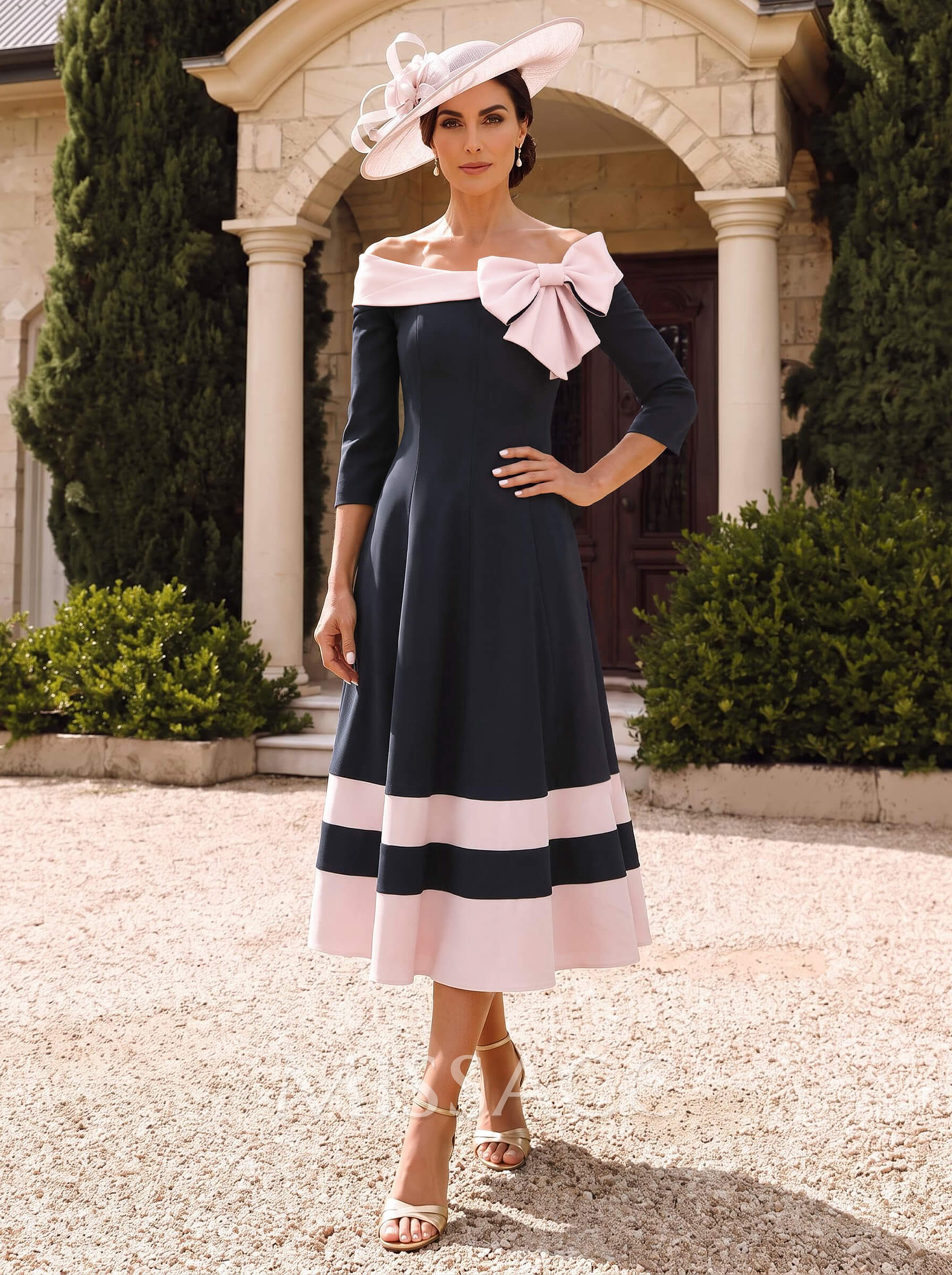 A-Line Bardot 3/4 Sleeve Midi Stretch Satin Mother Of The Bride Dress With Bow