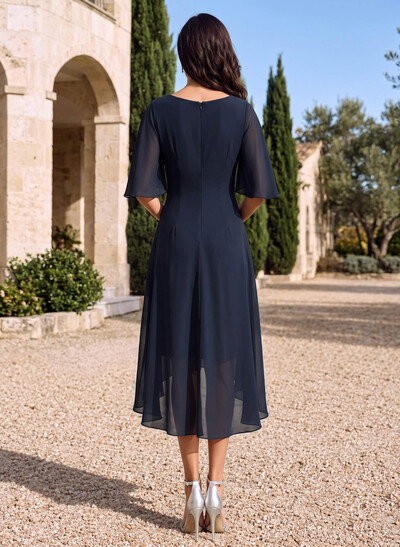 A-Line Scoop Neck Cape Sleeve Asymmetric Chiffon Mother Of The Bride Dress With Pleats