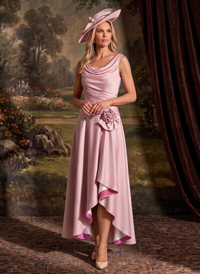 A-Line Scoop Neck Sleeveless Maxi Matte Satin Mother Of The Bride Dress With Front Slit And Floral Detail