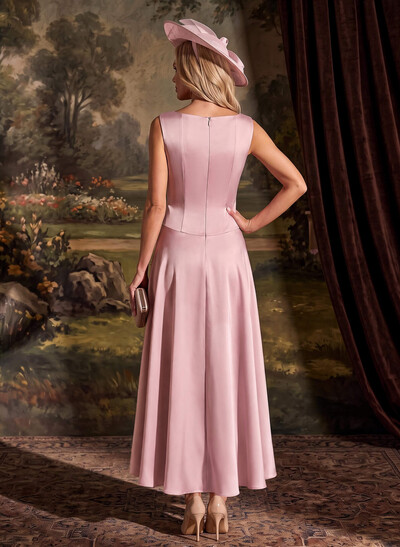 A-Line Scoop Neck Sleeveless Maxi Matte Satin Mother Of The Bride Dress With Front Slit And Floral Detail