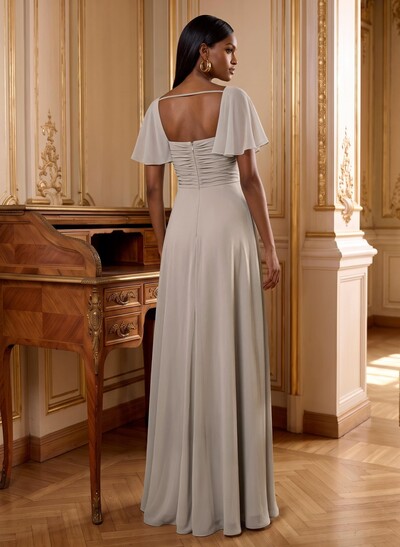 A-Line Square Neckline Cape Sleeves Floor-Length Chiffon Mother Of The Bride Dresses With Pleated/High Split
