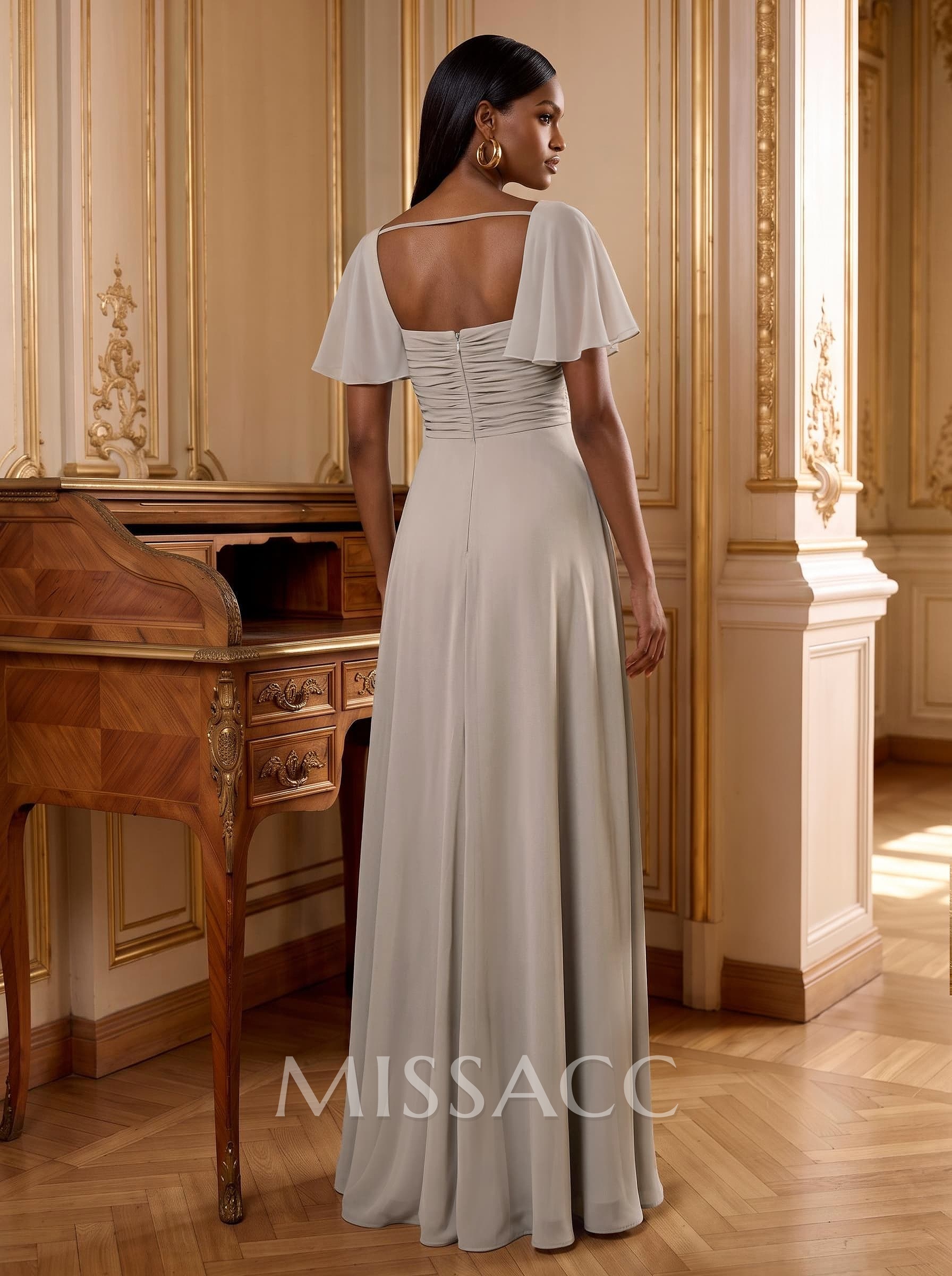 A-Line Square Neckline Cape Sleeves Floor-Length Chiffon Mother Of The Bride Dresses With Pleated/High Split