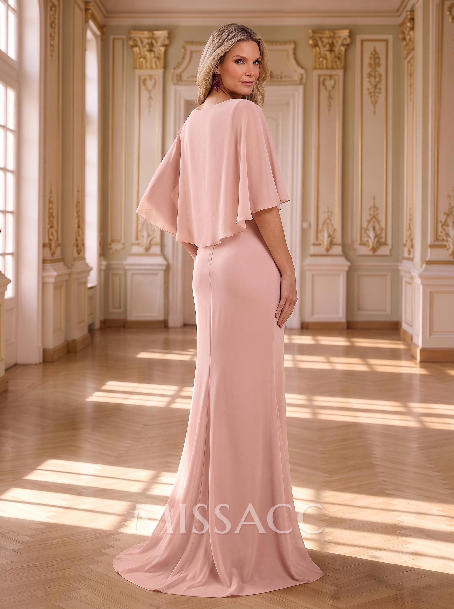 Trumpet/Mermaid V-Neck Cape Sleeves Sweep Train Chiffon Mother Of The Bride Dresses With Pleated/High Split