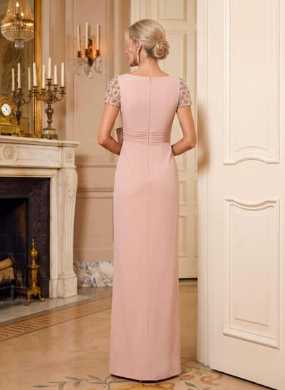 Trumpet/Mermaid Scoop Neck Short Sleeve Floor-Length Stretch Satin Mother Of The Bride Dress With Bow/Beading/High Slit