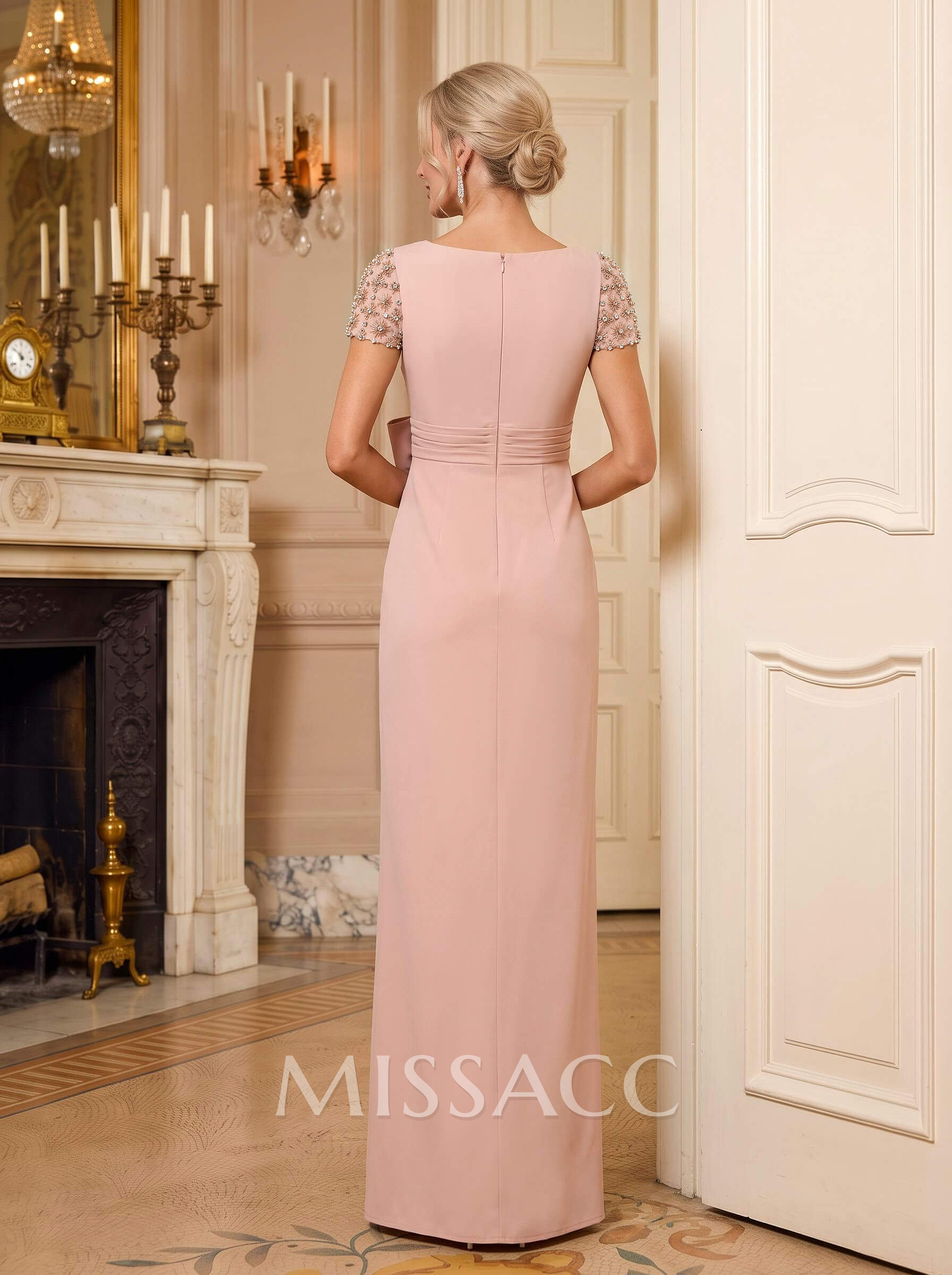 Trumpet/Mermaid Scoop Neck Short Sleeve Floor-Length Stretch Satin Mother Of The Bride Dress With Bow/Beading/High Slit