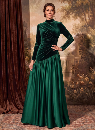 A-Line High Neck Long Sleeve Floor-Length Satin/Velvet Mother Of The Bride Dresses With Pleats