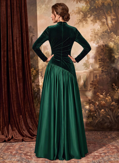 A-Line High Neck Long Sleeve Floor-Length Satin/Velvet Mother Of The Bride Dresses With Pleats