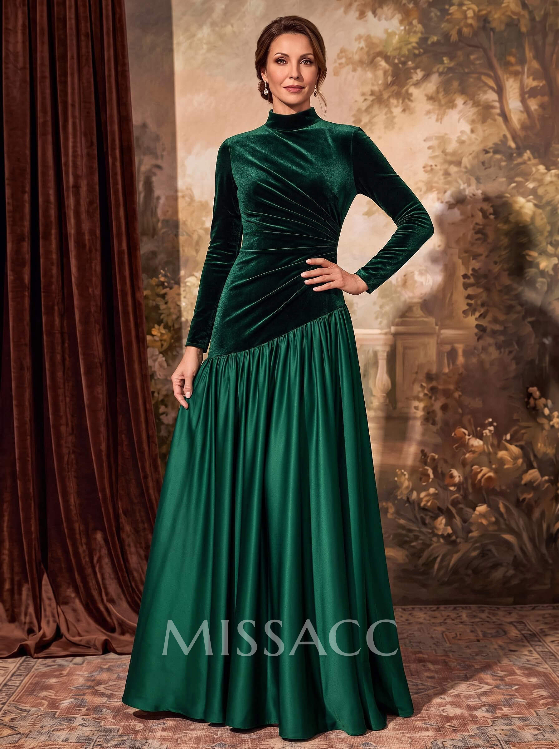 A-Line High Neck Long Sleeve Floor-Length Satin/Velvet Mother Of The Bride Dresses With Pleats