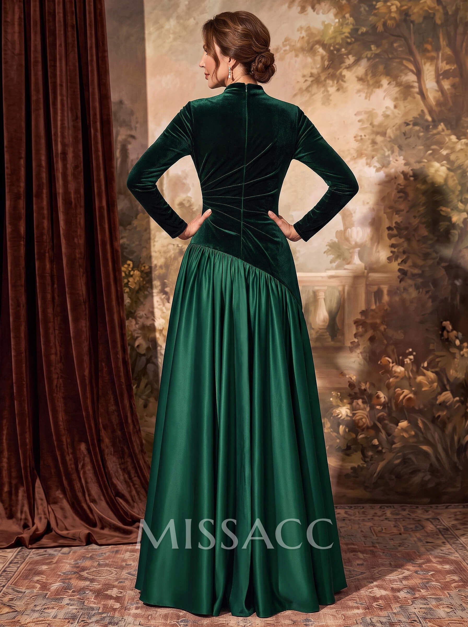 A-Line High Neck Long Sleeve Floor-Length Satin/Velvet Mother Of The Bride Dresses With Pleats