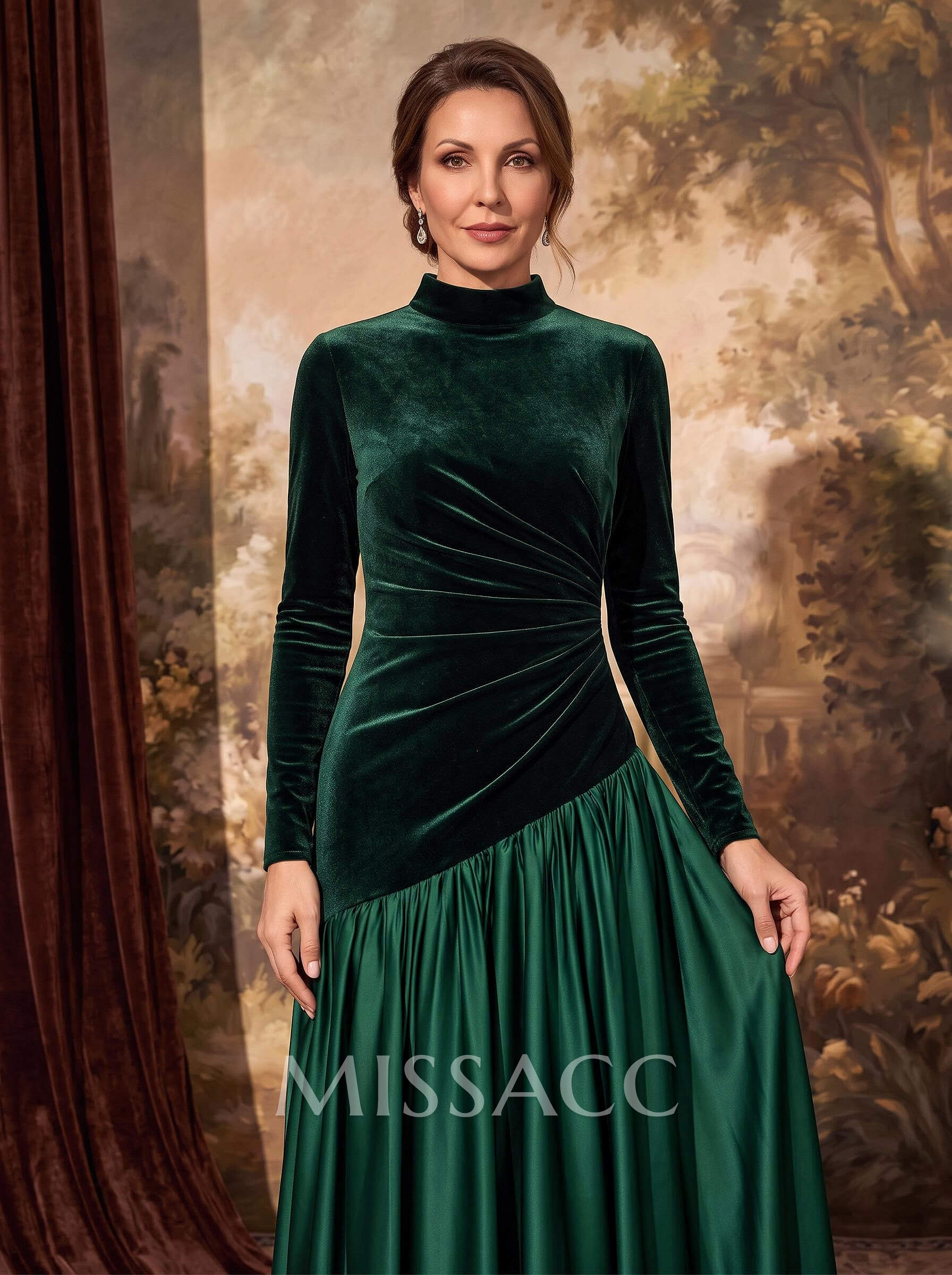 A-Line High Neck Long Sleeve Floor-Length Satin/Velvet Mother Of The Bride Dresses With Pleats