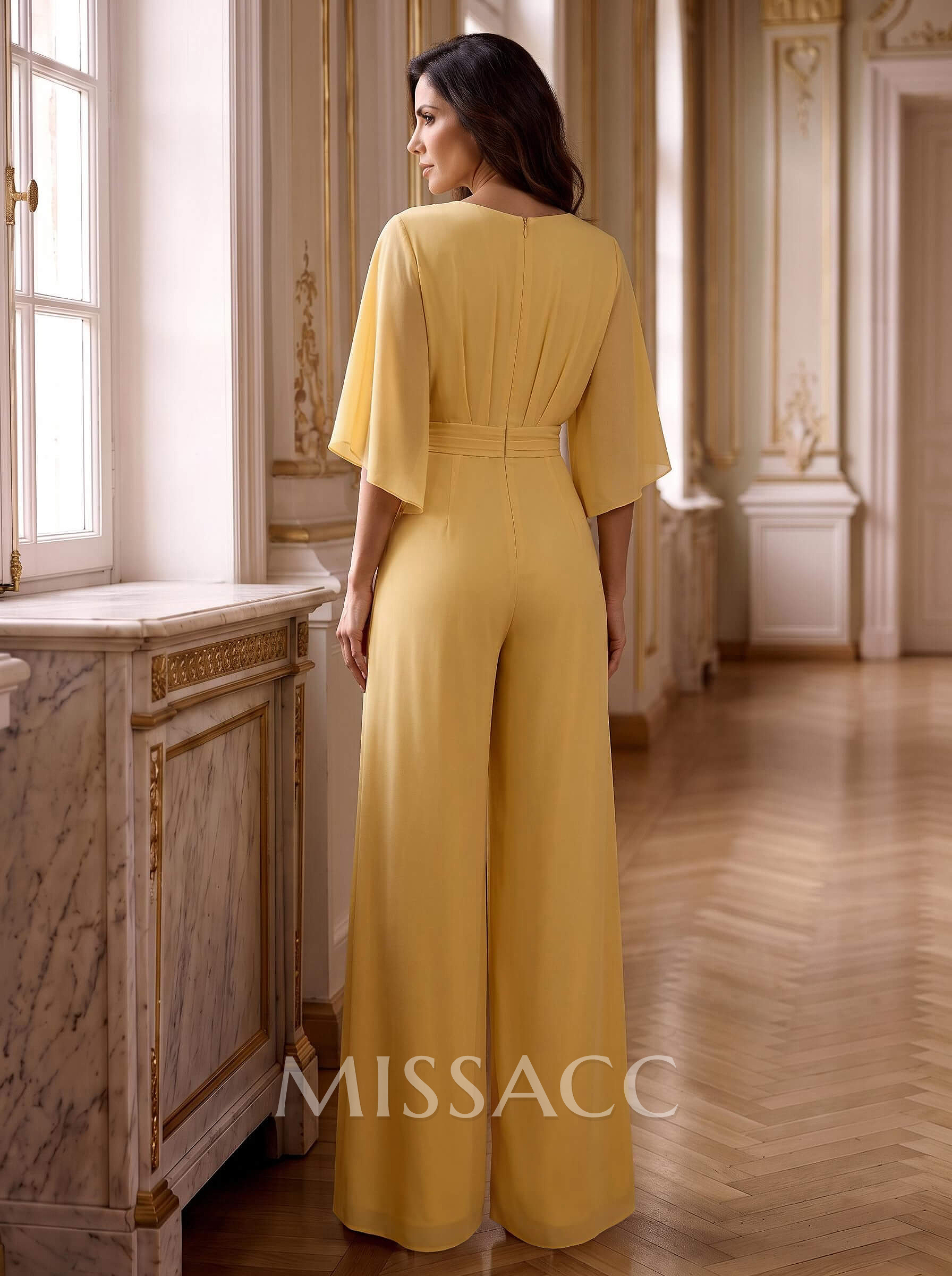 Chiffon V-Neck 3/4 Sleeve Floor-Length Jumpsuit/Trouser Suit For Mother Of The Bride