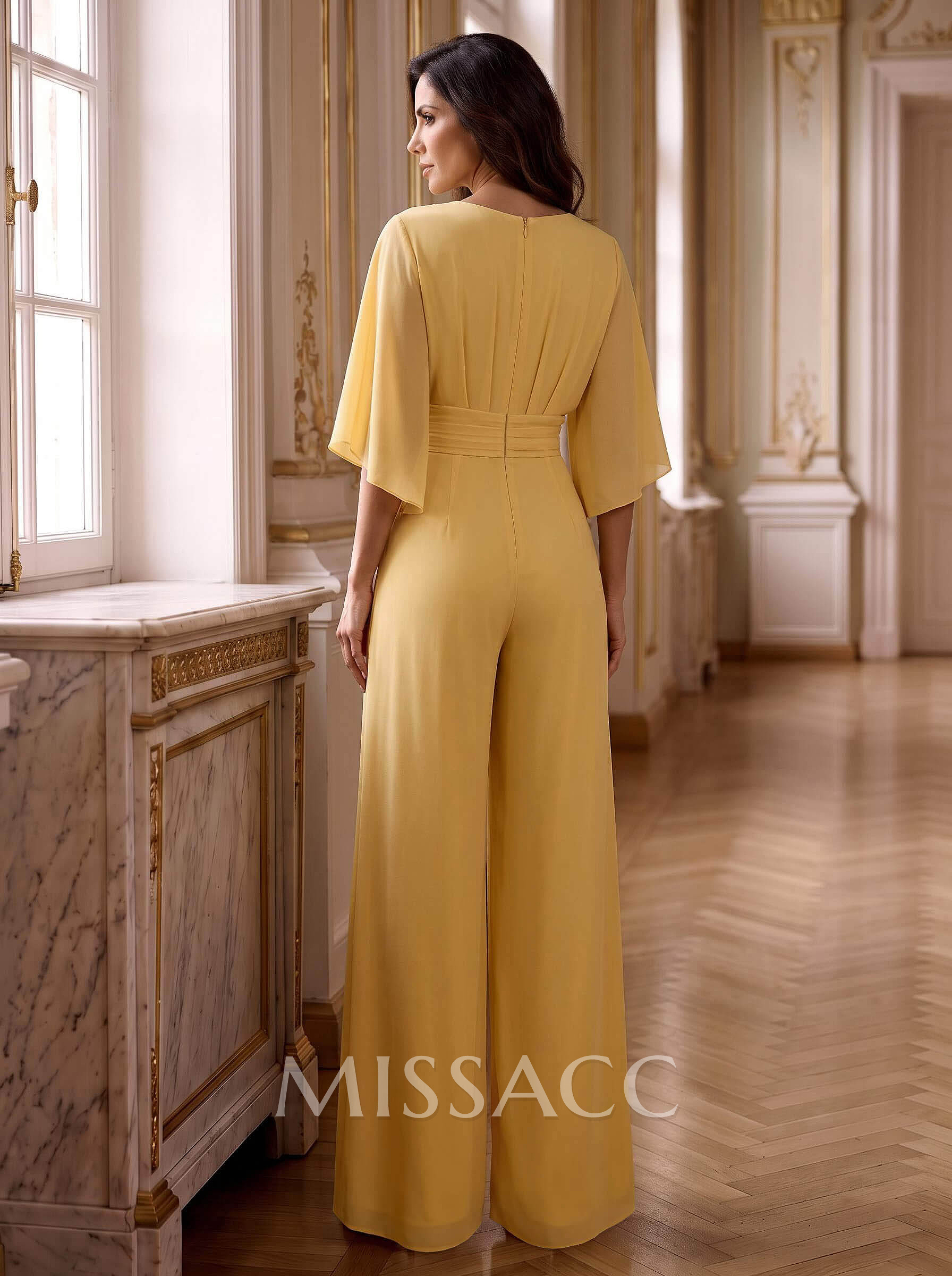 Jumpsuit/Pantsuit V-Neck 3/4 Sleeves Floor-Length Chiffon Mother Of The Bride Dresses