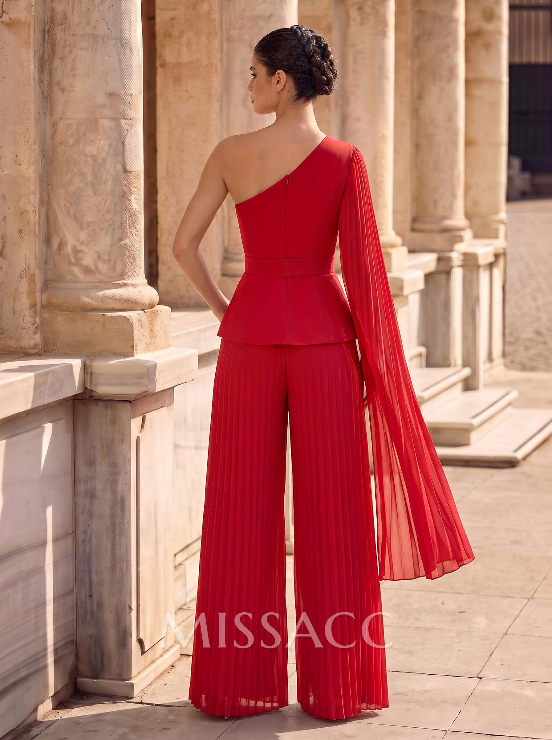 Two-Piece One-Shoulder Sleeveless Maxi Chiffon Mother Of The Bride Dress With Pleats And Sash
