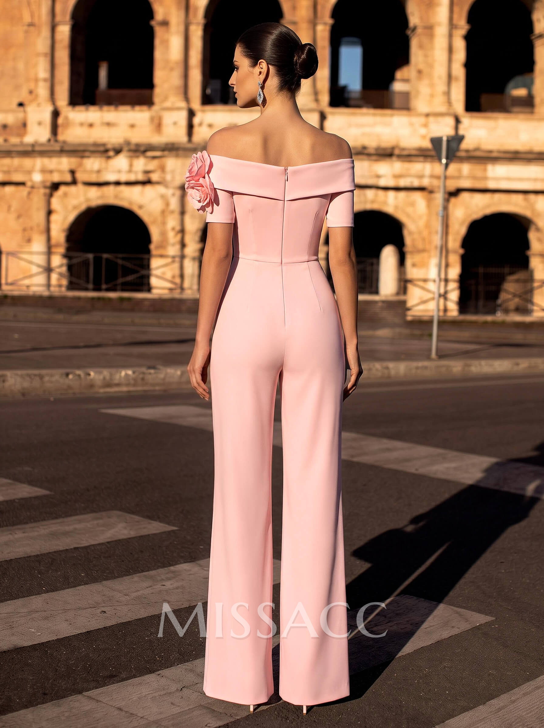 Off-The-Shoulder Short Sleeve Floor-Length Stretch Satin Jumpsuit/Trouser Suit For Mother Of The Bride With Floral Detail