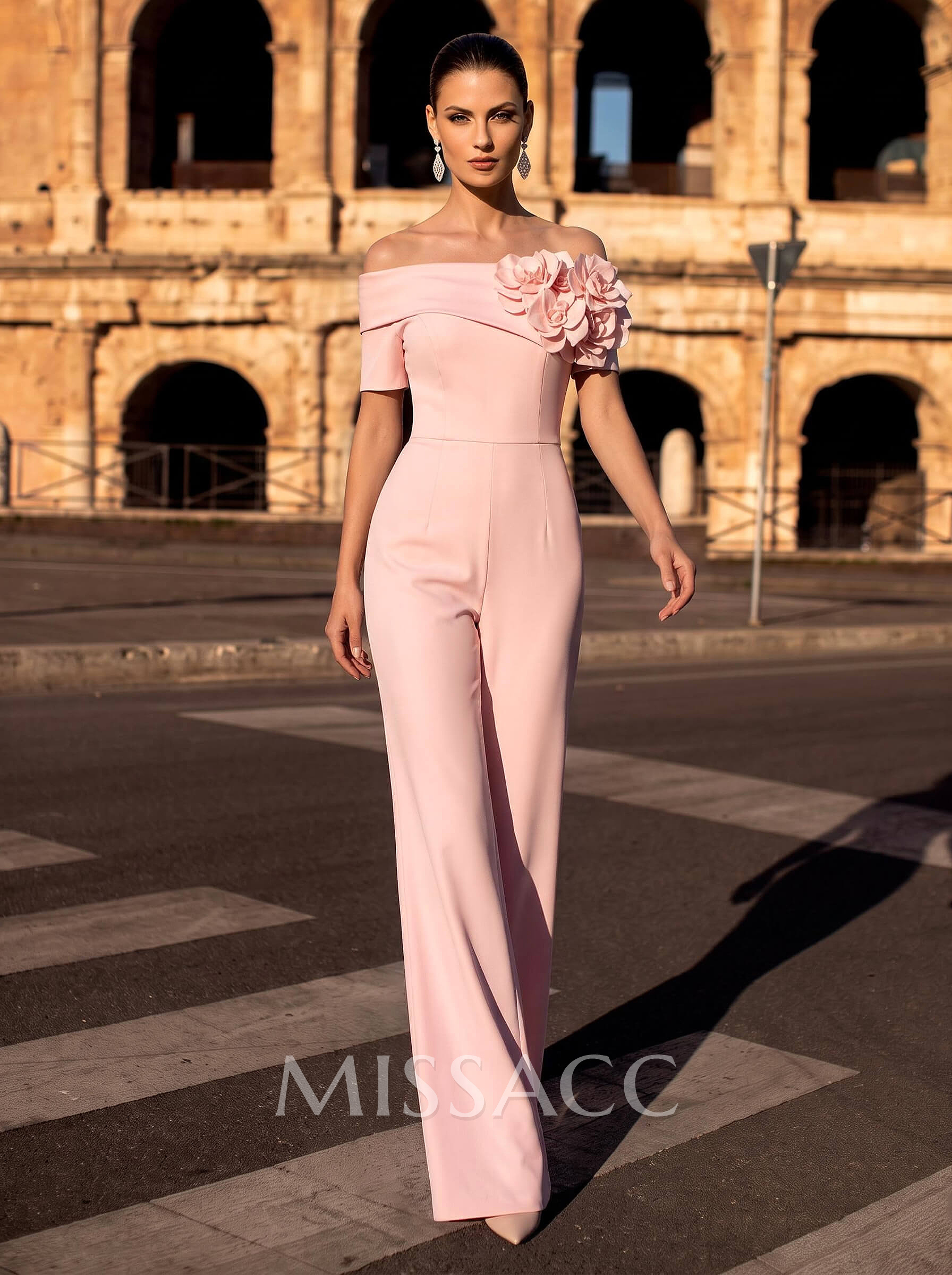 Off-The-Shoulder Short Sleeve Floor-Length Stretch Satin Jumpsuit/Trouser Suit For Mother Of The Bride With Floral Detail