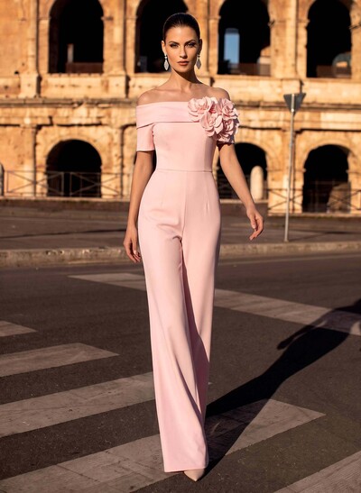Off-The-Shoulder Short Sleeve Floor-Length Stretch Satin Mother Of The Bride Jumpsuit/Pantsuit With Flower Accent