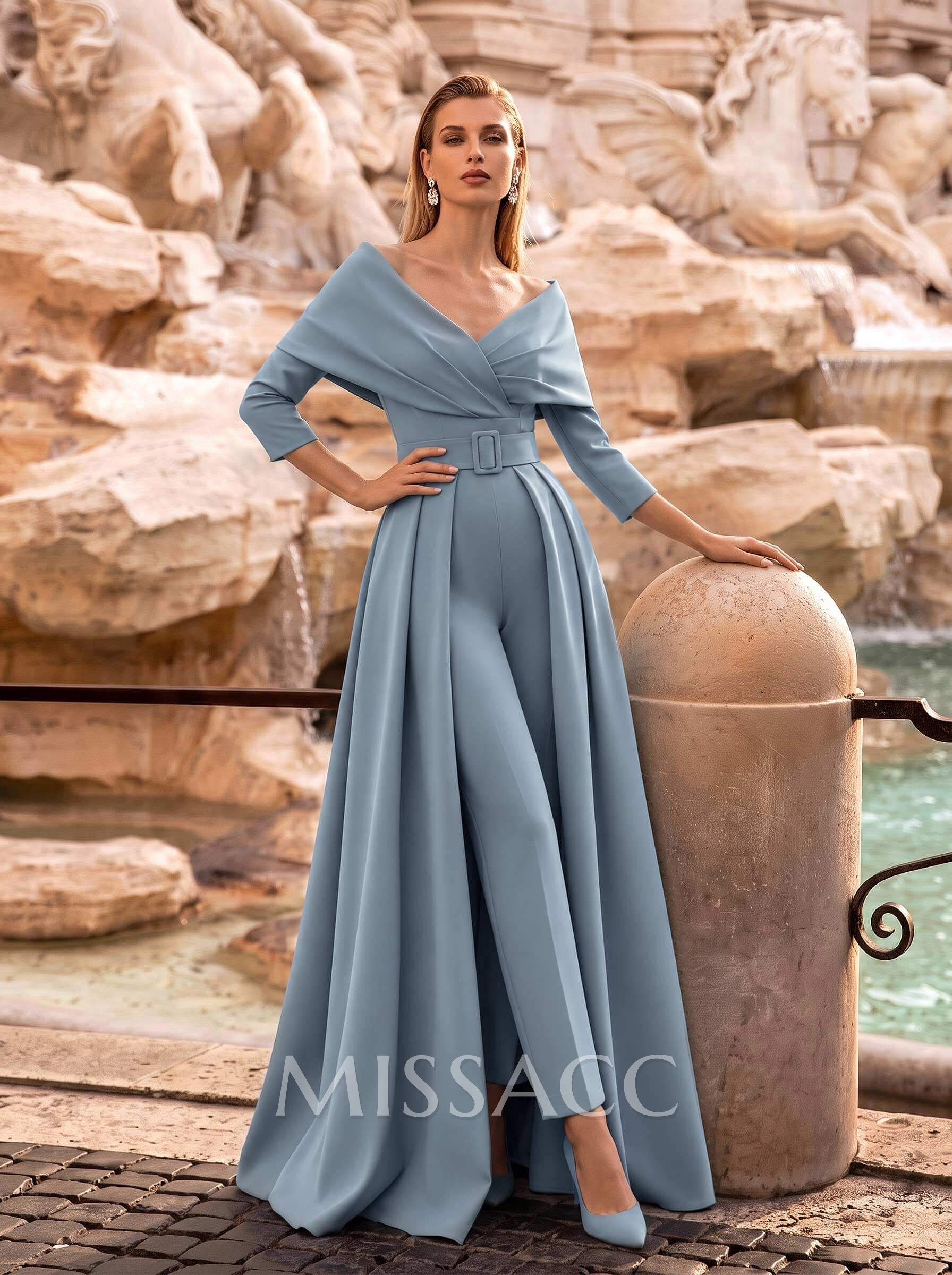 Jumpsuit/Trouser Suit Off-The-Shoulder 3/4 Sleeves Sweep Train Stretch Satin Mother Of The Bride Outfit With Sash/Overskirt