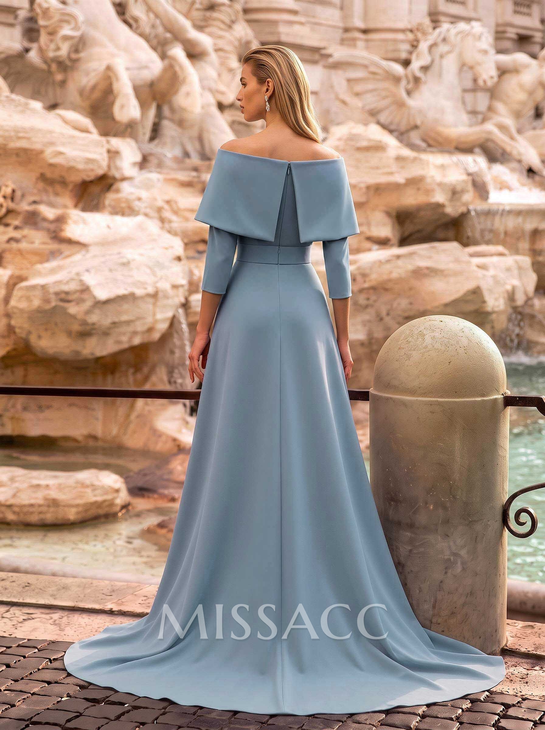 Jumpsuit/Pantsuit Off-The-Shoulder 3/4 Sleeves Sweep Train Elastic Satin Mother Of The Bride Dresses With Sash/Overskirt Dress