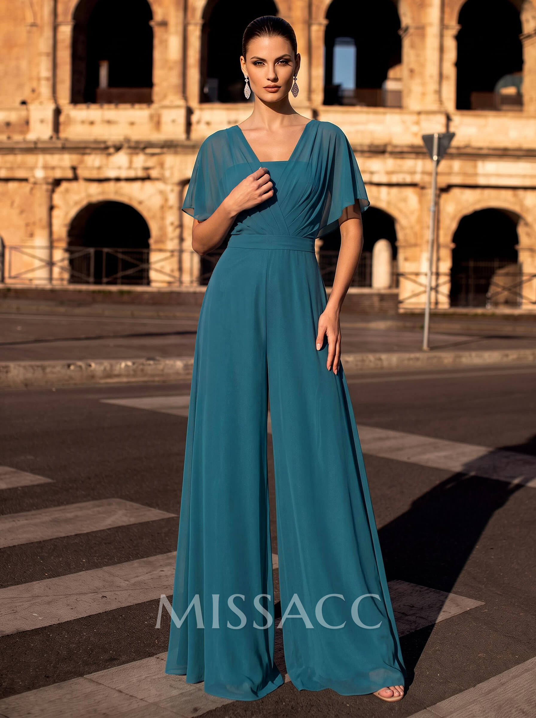 Jumpsuit/Trouser Suit Scoop Neck Cape Sleeves Floor-Length Chiffon Mother Of The Bride Dress With Pleats