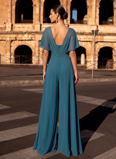 Jumpsuit/Pantsuit Scoop Neck Cape Sleeves Floor-Length Chiffon Mother Of The Bride Dresses With Pleated