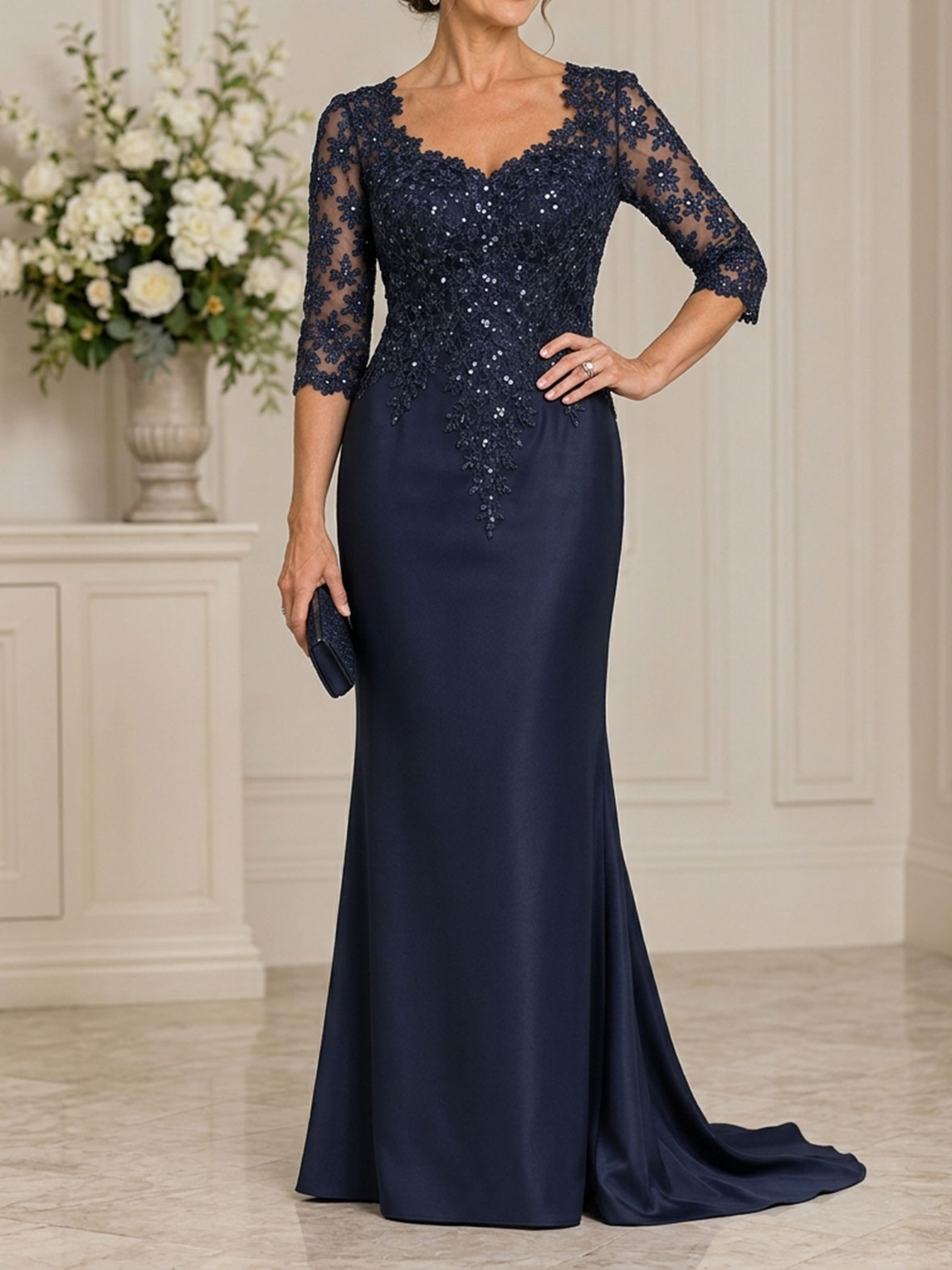 Sheath/Column V-Neck 3/4 Sleeves Floor-Length Non-Stretch Lace/Matte Satin Prom Dresses With Sequins/Flower