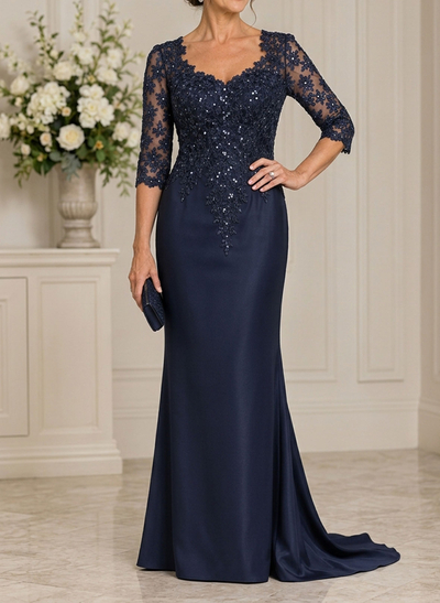 Sheath/Column V-Neck 3/4 Sleeves Floor-Length Non-Stretch Lace/Matte Satin Prom Dresses With Sequins/Flower