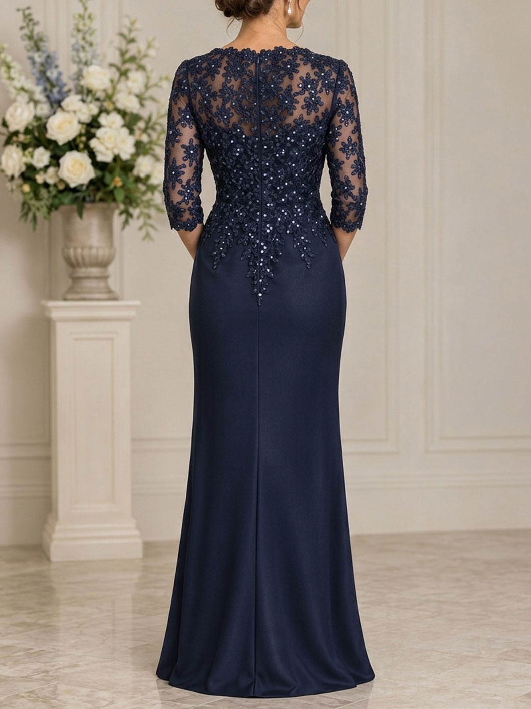 Sheath/Column V-Neck 3/4 Sleeves Floor-Length Non-Stretch Lace/Matte Satin Prom Dresses With Sequins/Flower